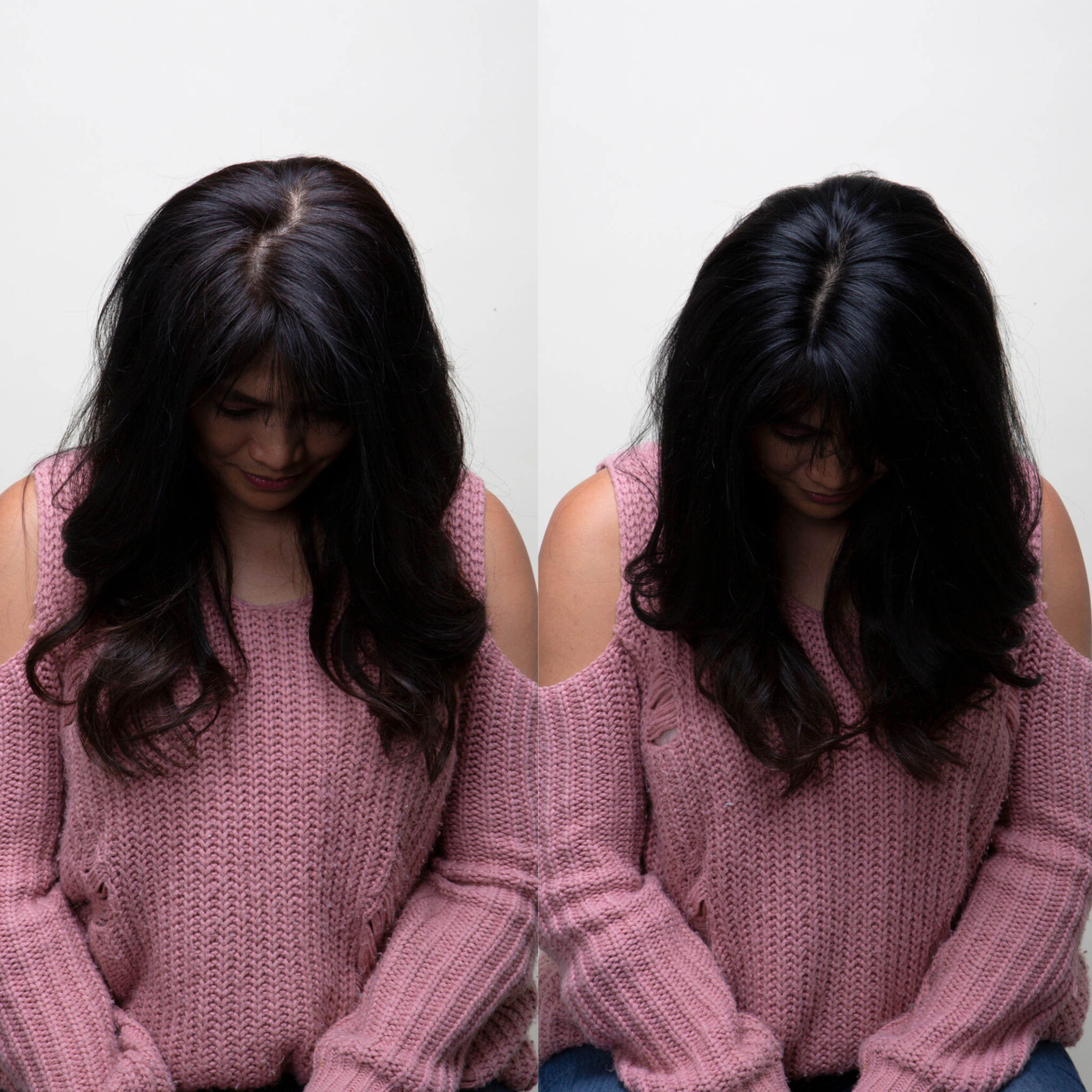Hair topper before and after top view image; left shows thinning hair, right shows fuller hair with a hair topper.