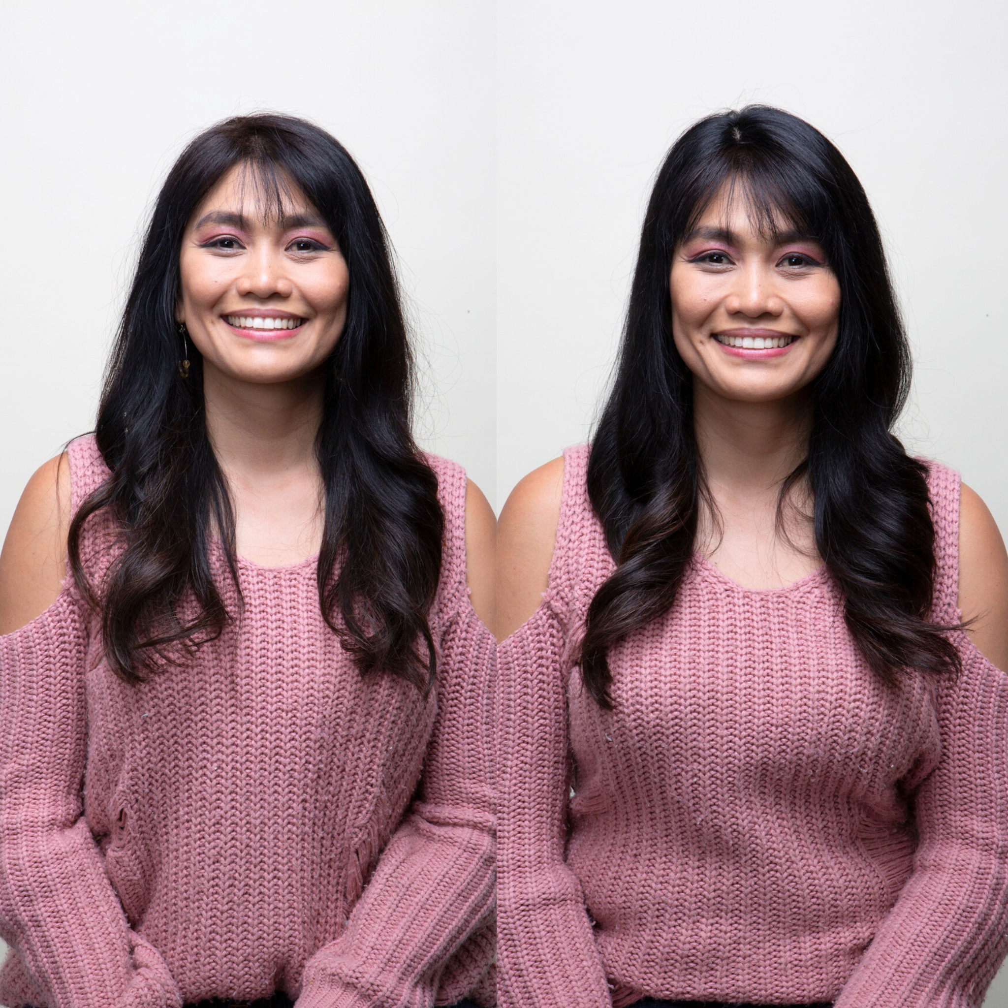 Hair topper before and after image; left shows thinning hair, right shows fuller hair with a hair topper.