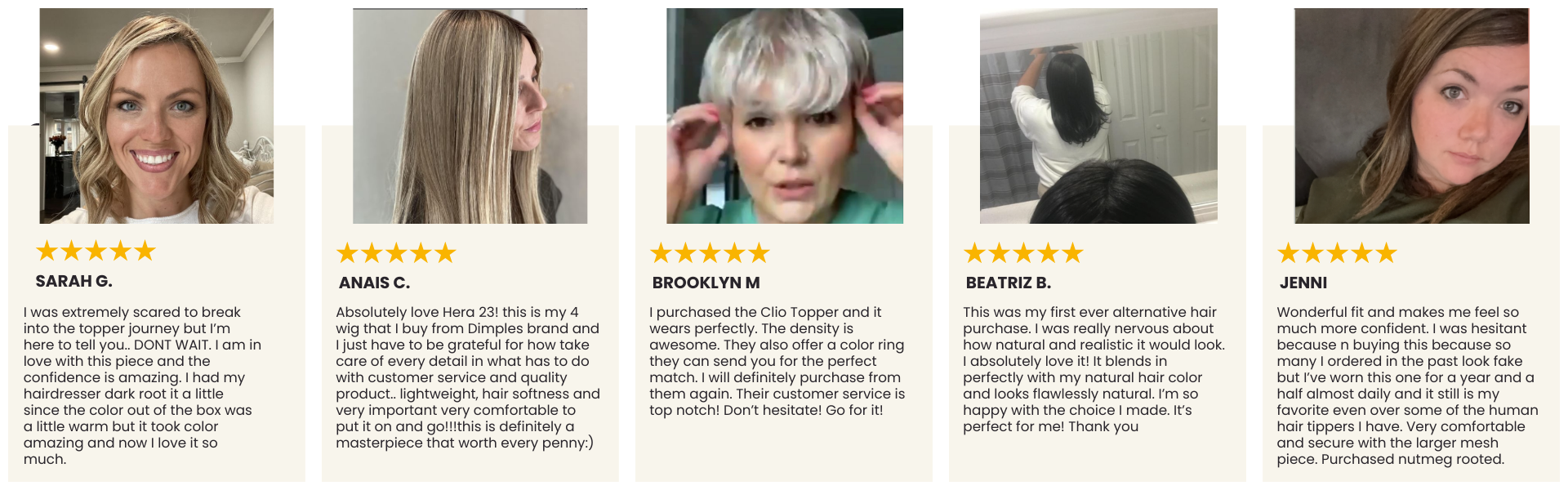 Customer reviews of hair toppers and wigs.