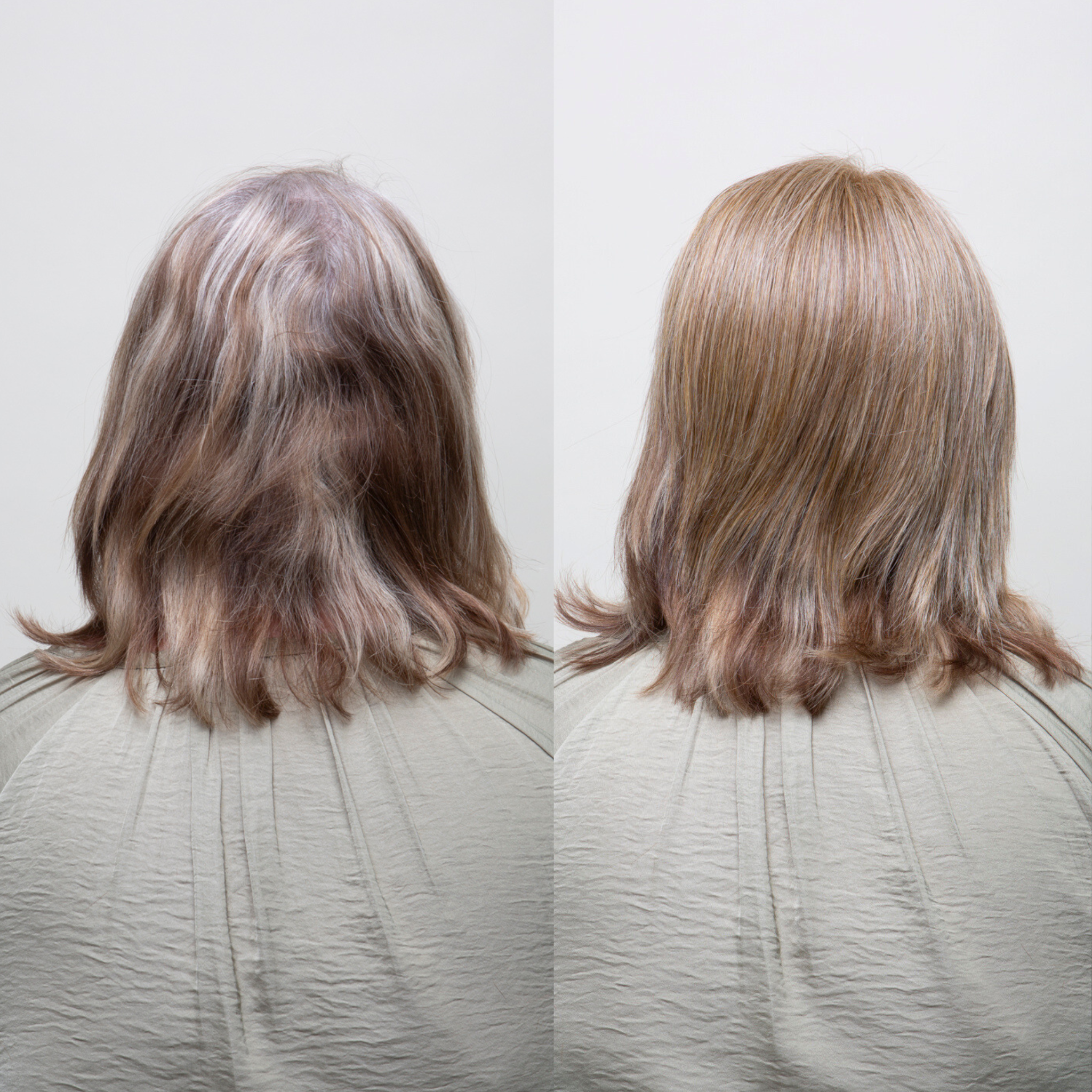 Before and after photos of a woman modeling a synthetic hair topper; left shows her natural look, right shows added hair fullness.