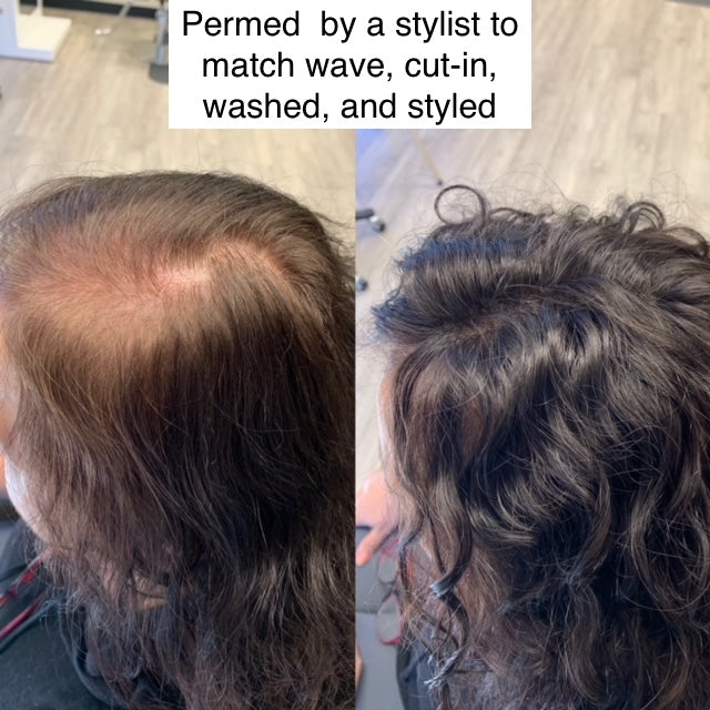 Hair topper before and after image; left shows woman with thinning hair, right shows fuller hair.