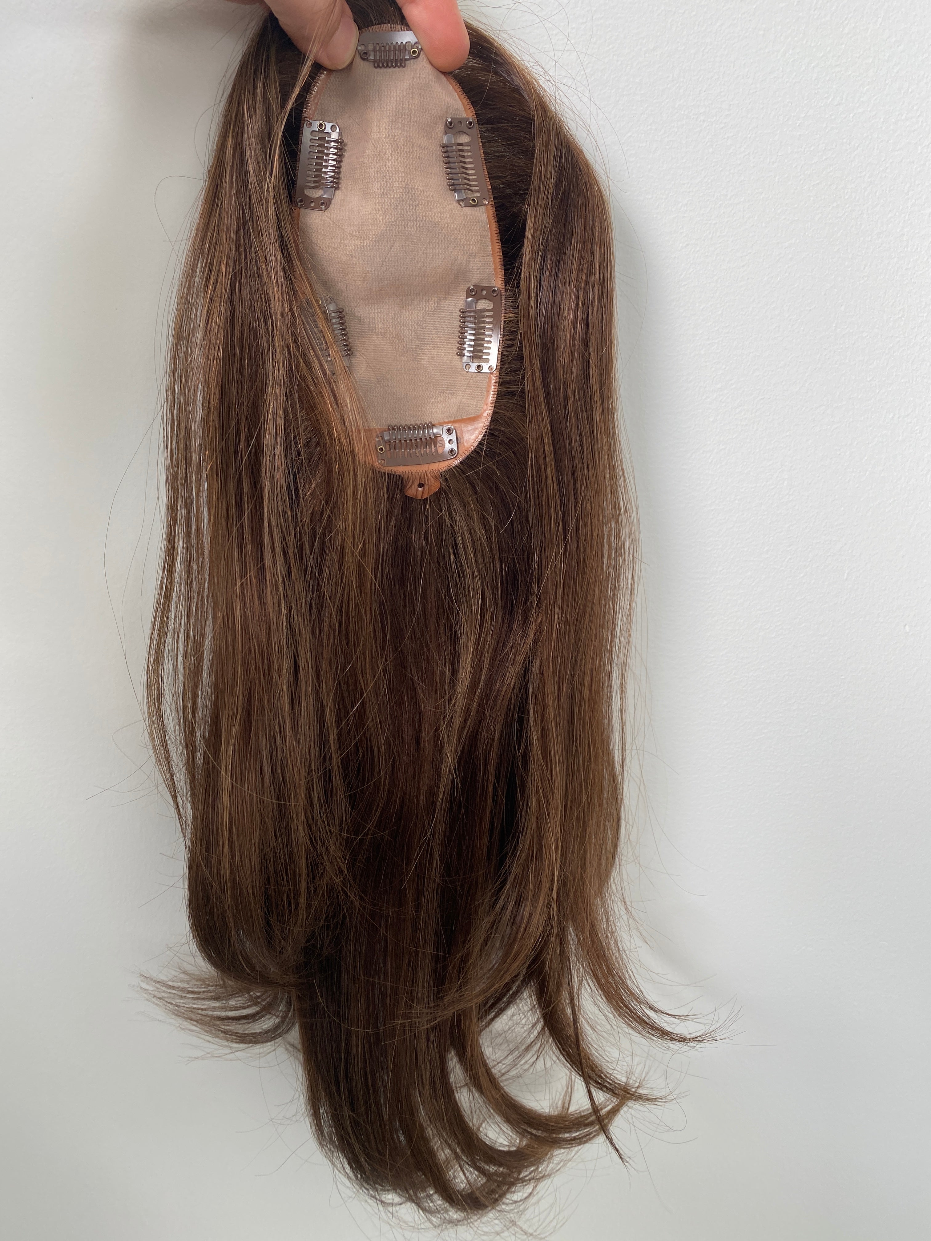 Clio 16 M French | Remy Human Hair Topper (Hand-Made) base cap bottom angle